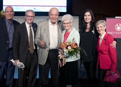 From left to right: Tom Naygrow (Ritz’ son), John McIntyre, Ritz Naygrow, Sr. Bridget McCarthy, RSM, Tara Green (Ritz’ granddaughter), and Sr. Kathleen Horgan, RSM