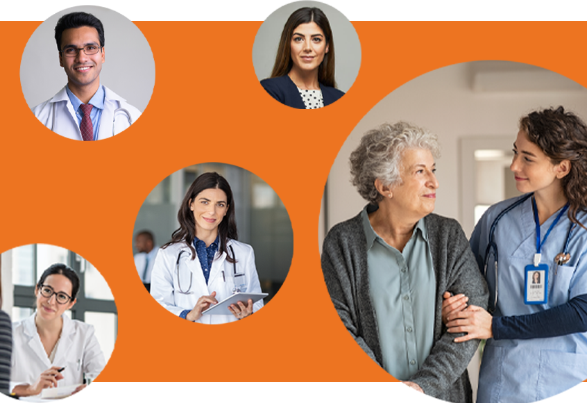 Circular images of health care providers and patients against orange background