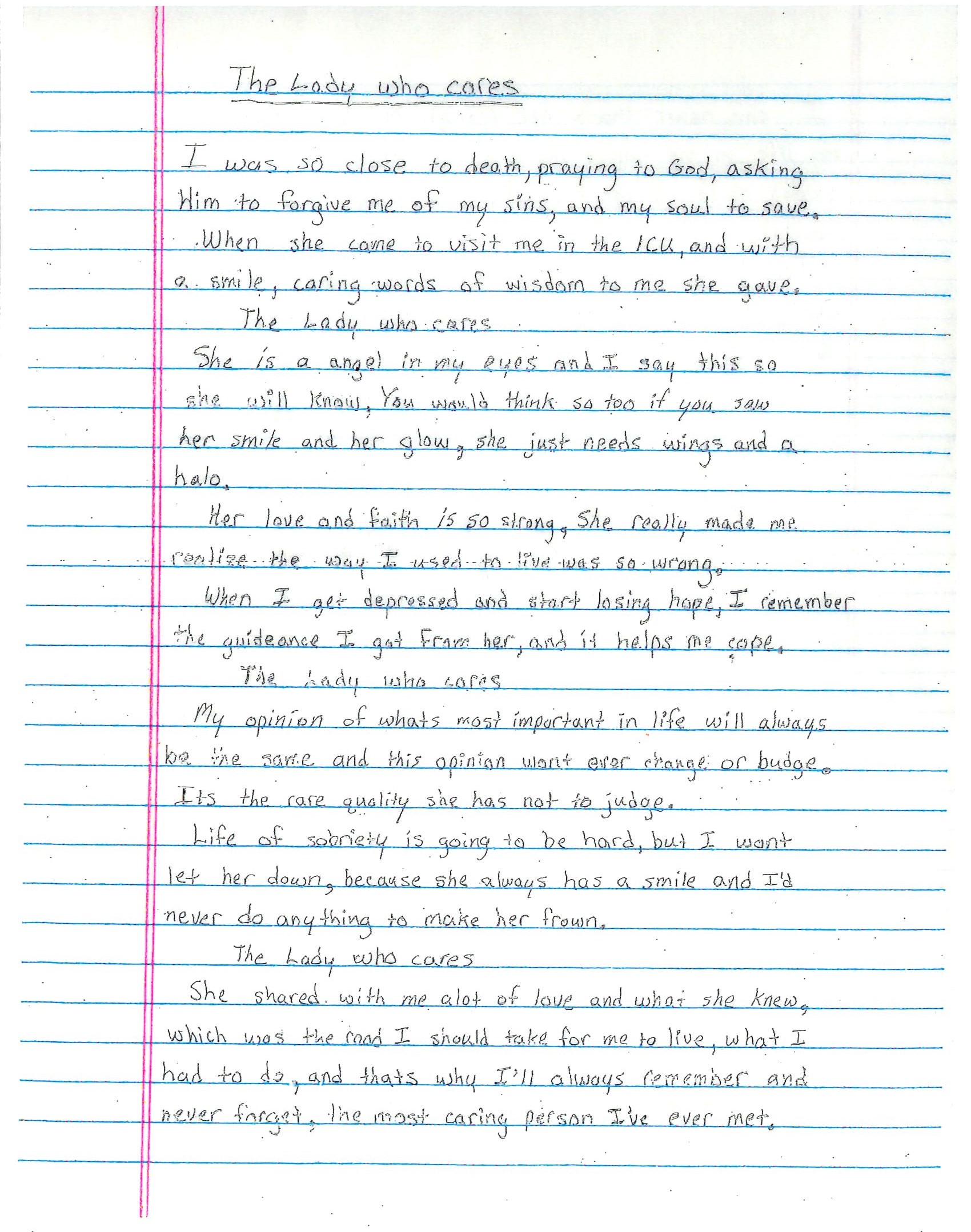 A photo of page 1 of 2 of the handwritten poem given to Karen Frank by her patient